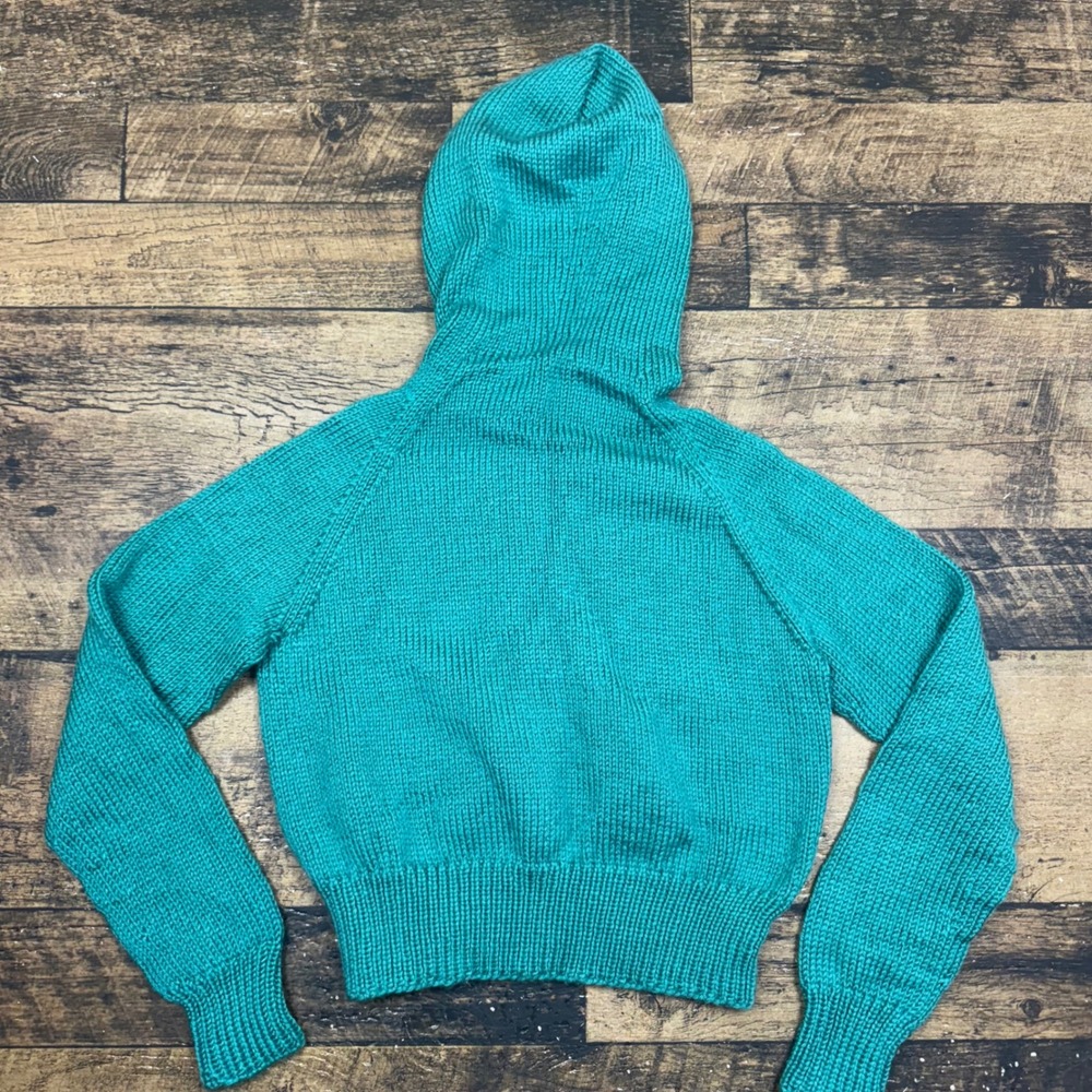 Hand Knit Chunky Cable Knit Hoodie Sweater Teal Green‎ & Pink Women's Small - Picture 4 of 8
